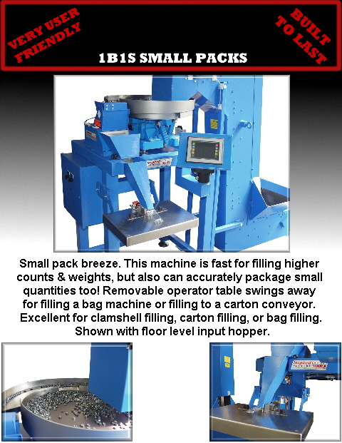 Small pack breeze. This machine is fast for filling higher 
counts & weights, but also can accurately package small 
quantities too! Removable operator table swings away 
for filling a bag machine or filling to a carton conveyor. 
Excellent for clamshell filling, carton filling, or bag filling.
 Shown with floor level input hopper.