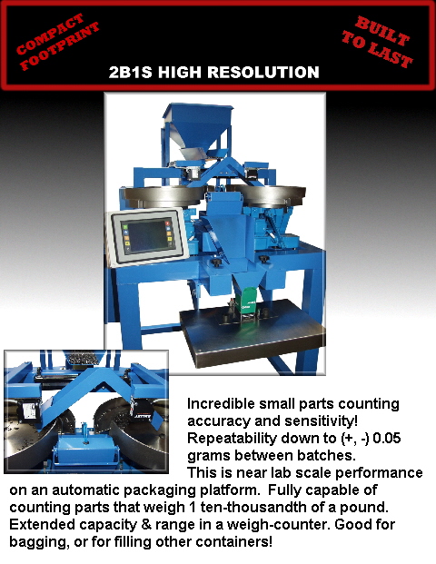 Incredible small parts counting 
                                                 accuracy and sensitivity! 
                                                 Repeatability down to (+, -) 0.05 
                                                 grams between batches. 
                                                 This is near lab scale performance 
on an automatic packaging platform.  Fully capable of 
counting parts that weigh 1 ten-thousandth of a pound. 
Extended capacity & range in a weigh-counter. Good for
bagging, or for filling other containers!