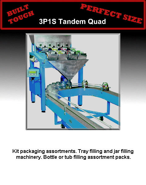 Kit packaging assortments. Tray filling and jar filling
 machinery. Bottle or tub filling assortment packs.