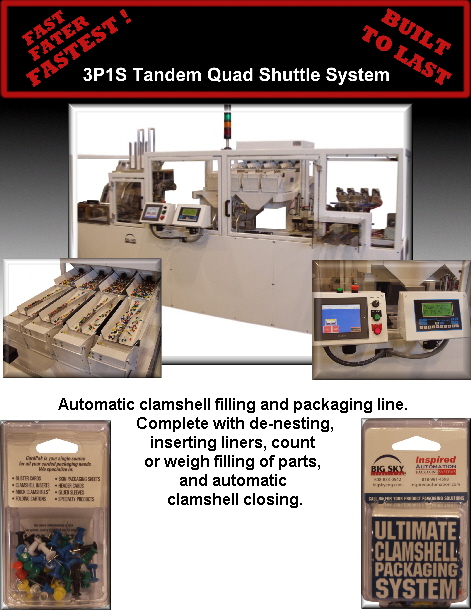 Automatic clamshell filling and packaging line. 
Complete with de-nesting,
inserting liners, count 
or weigh filling of parts, 
and automatic 
clamshell closing.