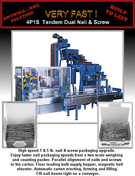 High speed 1 & 5 lb. nail & screw packaging upgrade. 
Enjoy faster nail packaging speeds from a two scale weighing 
and counting packer. Parallel alignment of nails and screws 
in the carton. Floor loading bulk supply hopper, magnetic belt 
elevator. Automatic carton erecting, forming and filling.
 Fill nail boxes right on a conveyor.