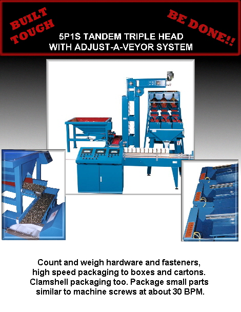 Count and weigh hardware and fasteners, 
high speed packaging to boxes and cartons. 
Clamshell packaging too. Package small parts 
similar to machine screws at about 30 BPM.