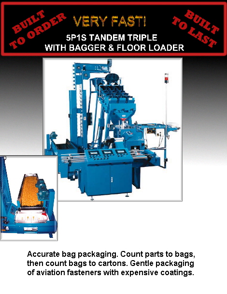 Accurate bag packaging. Count parts to bags, 
then count bags to cartons. Gentle packaging 
of aviation fasteners with expensive coatings.