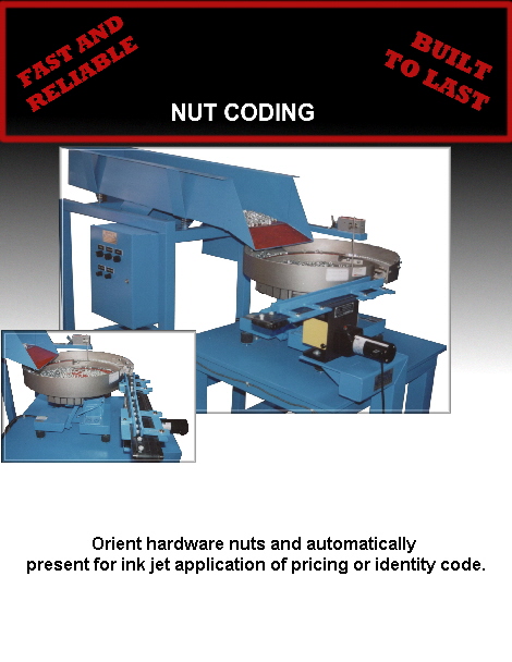Orient hardware nuts and automatically 
present for ink jet application of pricing or identity code.